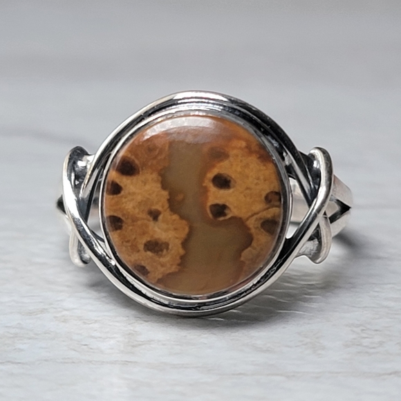 Vintage Jewelry - Native Palm Root Fossil Agate Ring Size 8 Sterling Silver 925 Womens Jewelry